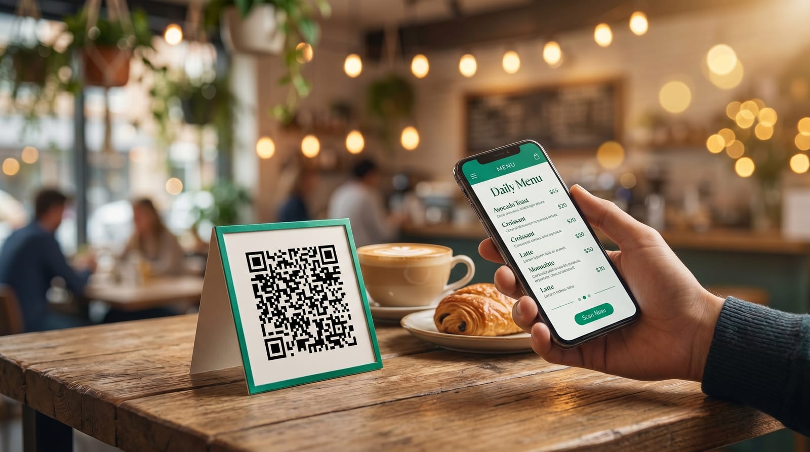 QR-Tischaufsteller in einem Café, ein Gast scannt ihn und sieht die digitale Tageskarte
