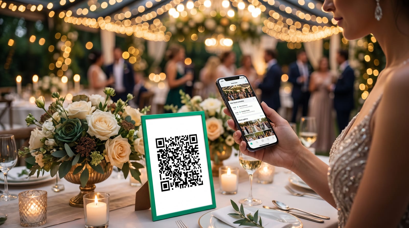Gast auf einer Hochzeitsfeier scannt einen QR-Code am Tischschild und sieht den Live-Ablauf