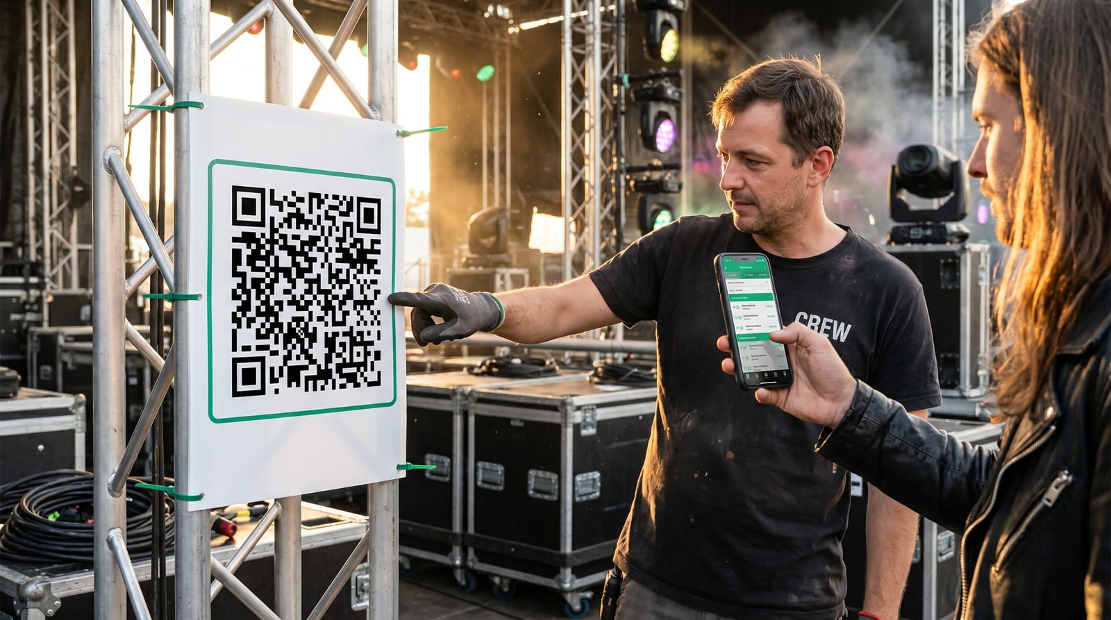Crew-Mitglied am Bühnen-Trussing scannt einen QR-Code, der zur stets aktuellen Running Order führt